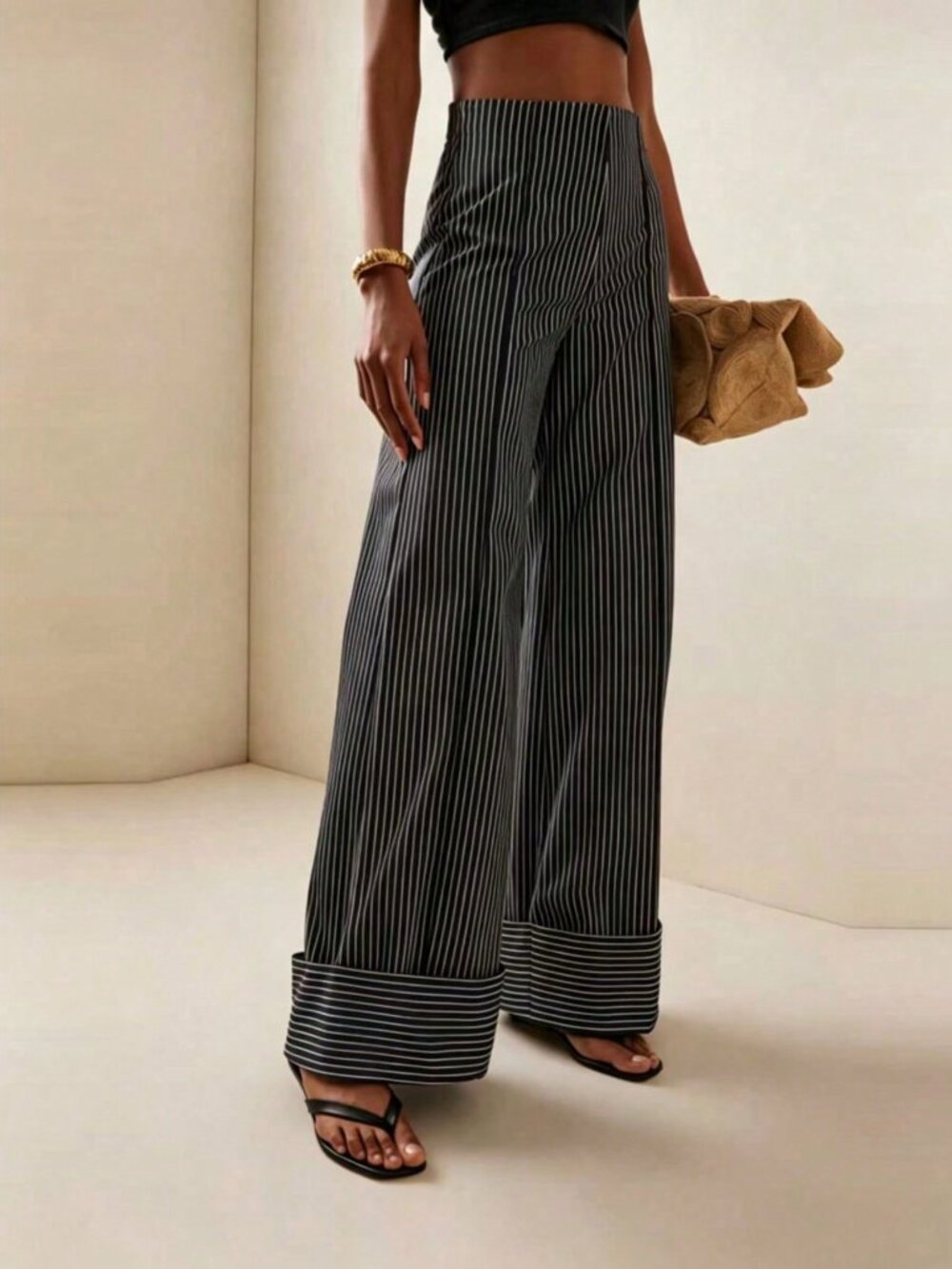 Black Casual Women's Striped Print High Waist Wide Leg Pants
